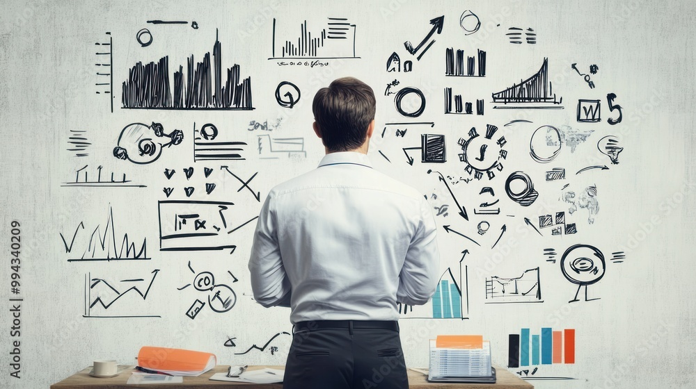 Businessman Looking at Hand-Drawn Charts and Graphs on Whiteboard Businessman Looking at Hand-Drawn Charts and Graphs on Whiteboard