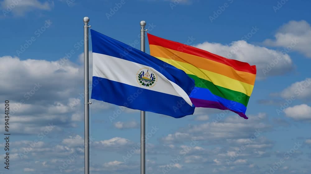 LGBT movement flag also Gay Pride and Salvador two flags waving cycle looped video, tolerance conception in country LGBT movement flag also Gay Pride and Salvador two flags waving cycle looped video, tolerance conception in country