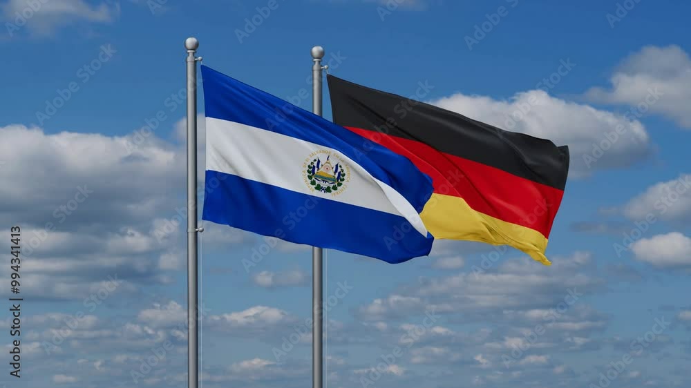 Germany and Salvador flags flying together, video concept of the relationship, two country relations concept Germany and Salvador flags flying together, video concept of the relationship, two country relations concept