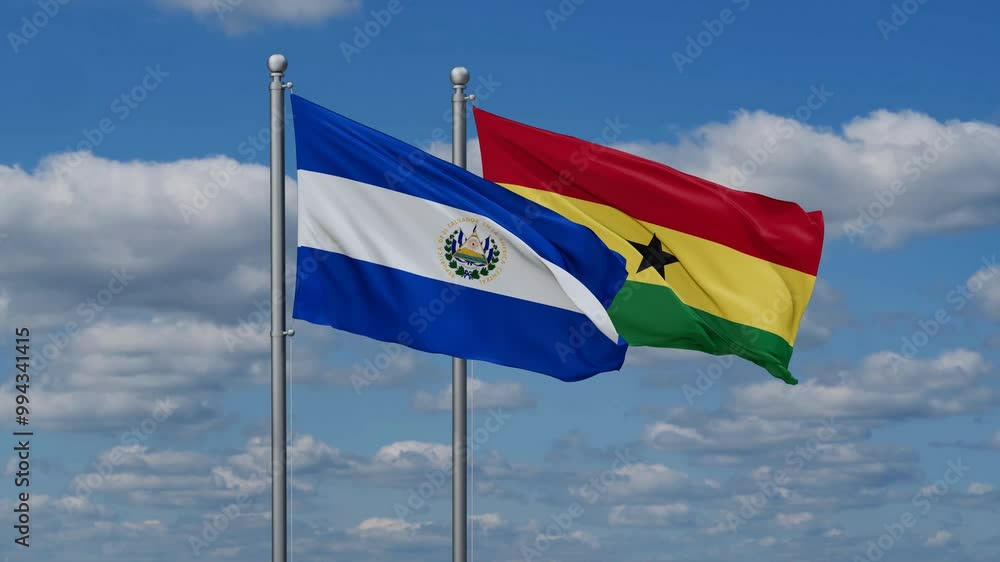 Ghana and Salvador flags flying together, video concept of the relationship, two country relations concept Ghana and Salvador flags flying together, video concept of the relationship, two country relations concept