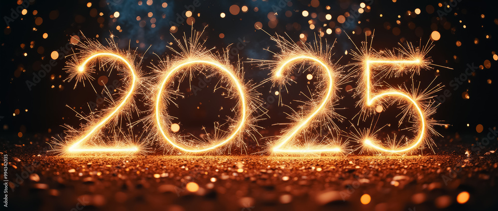 Sparks and bright lights illuminate the numbers 2025, creating a festive atmosphere as people prepare to celebrate the arrival of the new year Sparks and bright lights illuminate the numbers 2025, creating a festive atmosphere as people prepare to celebrate the arrival of the new year