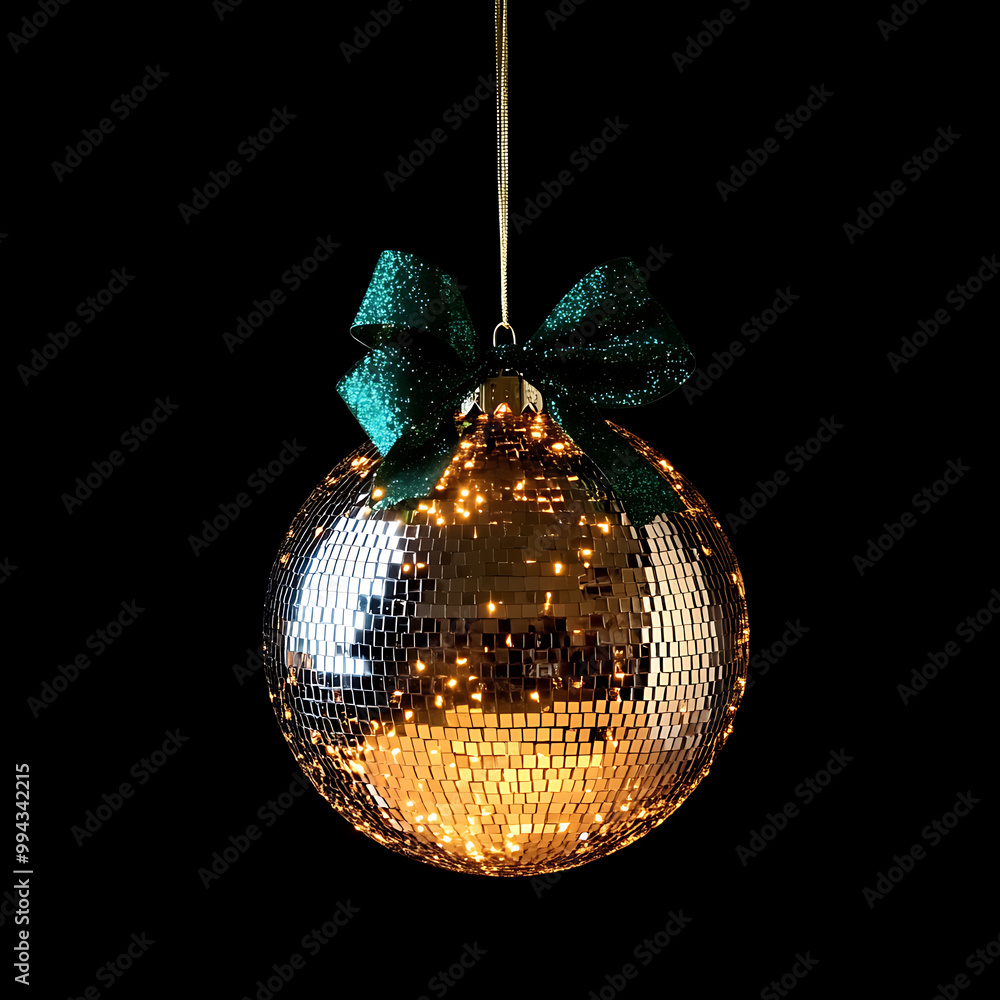 Obraz premium Golden Christmas ball with bow isolated on black background. 3d illustration