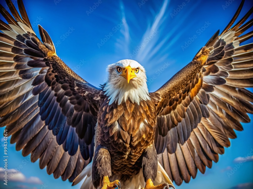 Obraz premium Majestic Spread-Eagled Bird Displaying Feathers Against a Clear Blue Sky in Natural Habitat