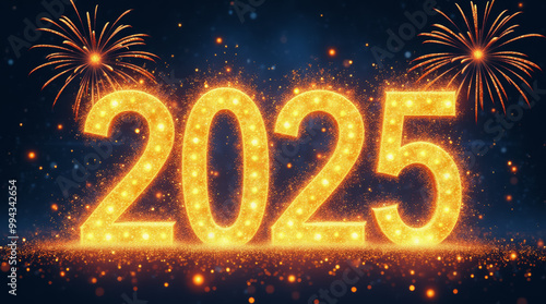 The display features dazzling golden numbers 2025 surrounded by bright fireworks, symbolizing a joyous New Year's Eve celebration filled with excitement and hope