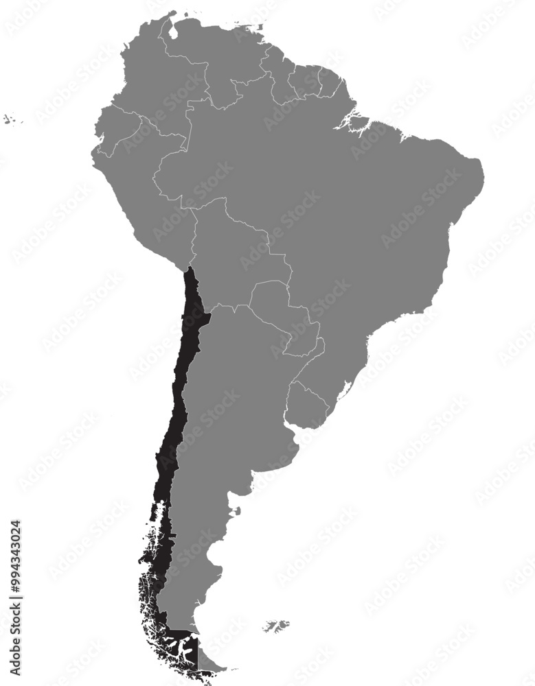 Highlighted map of CHILE inside detailed blank flat political map of South (Latin) American continent on isolated background Highlighted map of CHILE inside detailed blank flat political map of South (Latin) American continent on isolated background