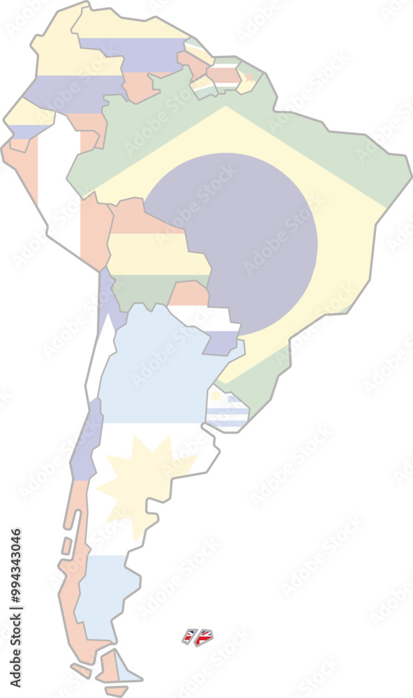 Obraz premium Highlighted map of FALKLAND ISLANDS-MALVINAS inside detailed blank flat political map of South (Latin) American continent on isolated background