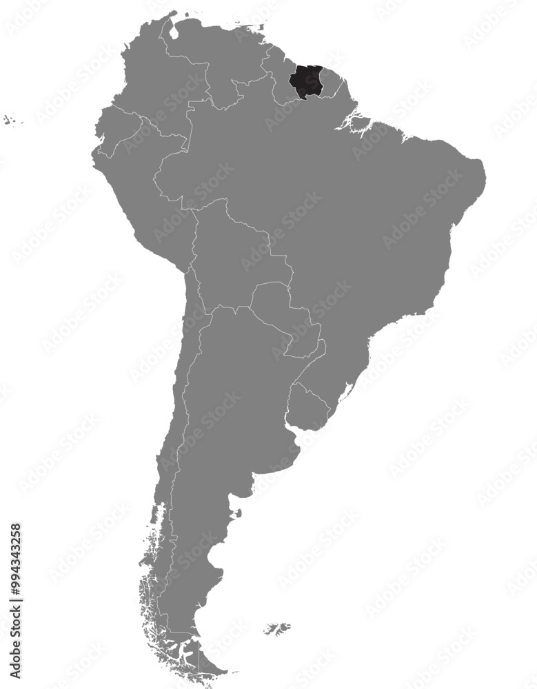 Fototapeta premium Highlighted map of SURINAME inside detailed blank flat political map of South (Latin) American continent on isolated background