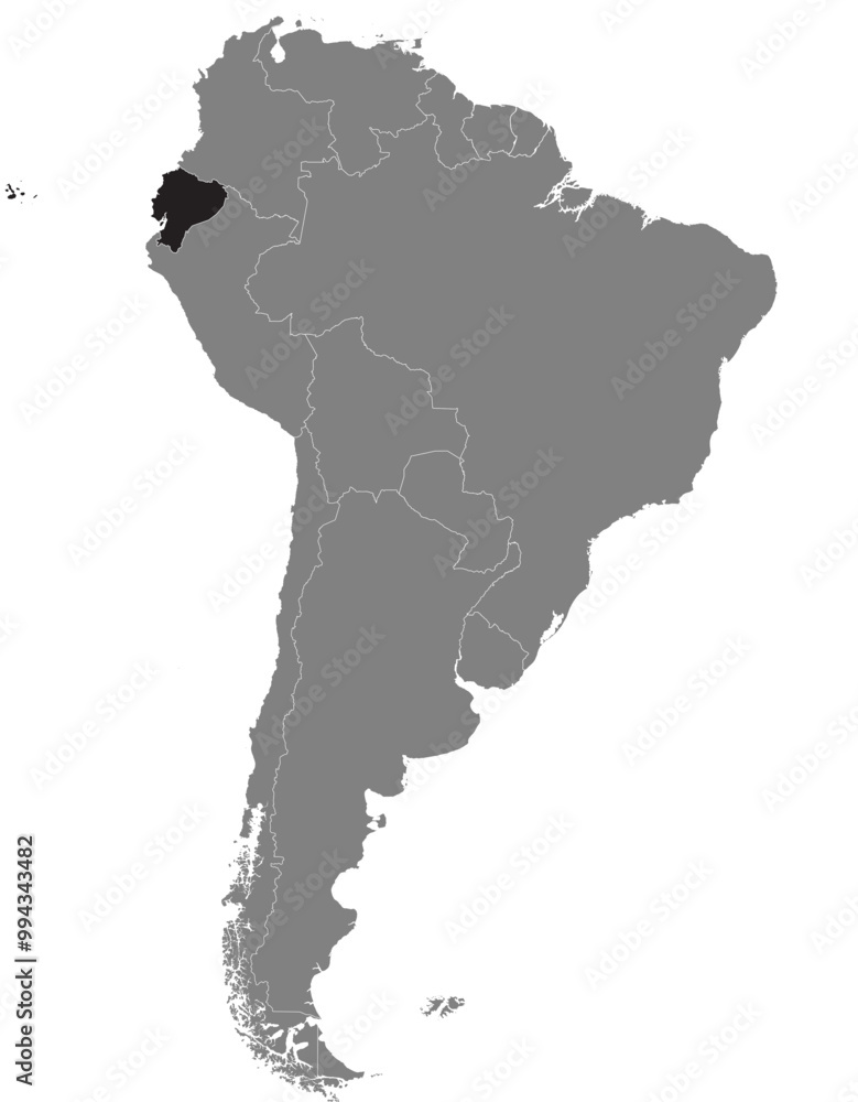 Highlighted map of ECUADOR inside detailed blank flat political map of South (Latin) American continent on isolated background Highlighted map of ECUADOR inside detailed blank flat political map of South (Latin) American continent on isolated background