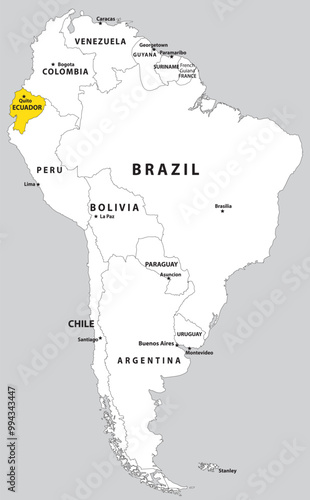 Highlighted map of ECUADOR inside detailed blank flat political map of South (Latin) American continent on isolated background