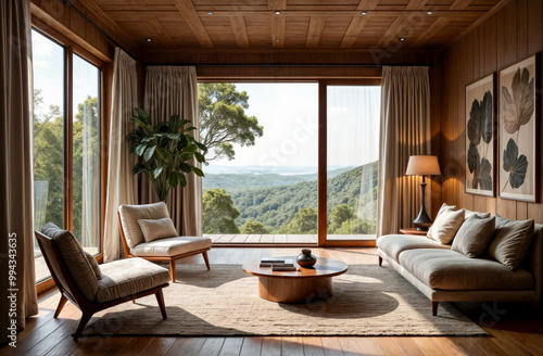 Interior, living room of a luxury house, sofa and armchair, table, and a gorgeous view from the window to nature