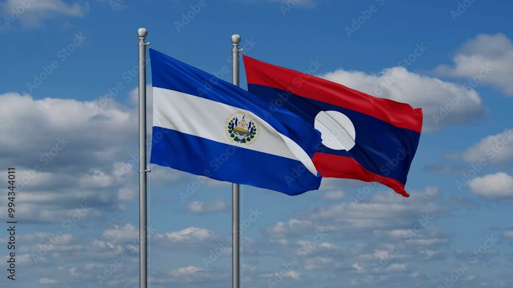 Laos and Salvador flags flying together, video concept of the relationship, two country relations concept Laos and Salvador flags flying together, video concept of the relationship, two country relations concept