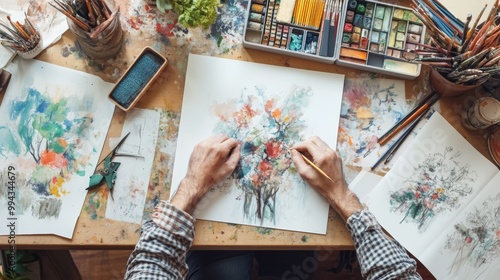 Close up of artist's hands creating a colorful abstract watercolor painting, surrounded by art supplies and palette, showcasing the creative process