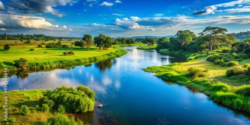 Majestic View of the Zaire River Flowing Through Lush Green Landscape Under a Clear Blue Sky