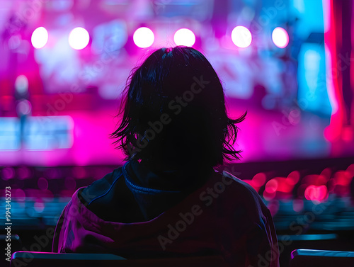 A man sits in audience, captivated by performers on stage during music talent show.