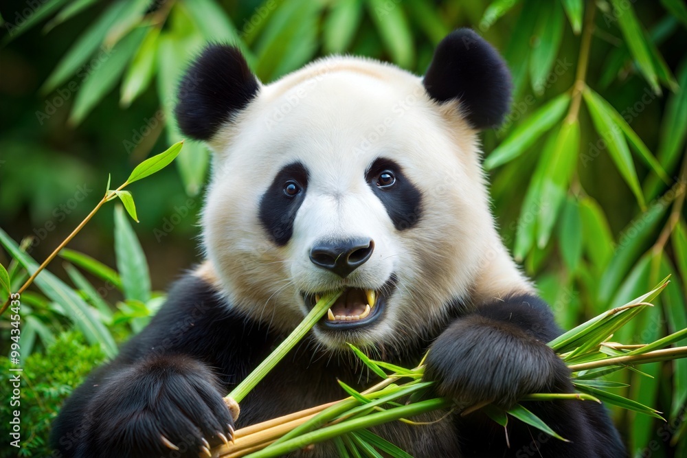 Close-up panda bear eating bamboo in forest Close-up panda bear eating bamboo in forest