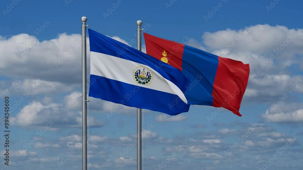 Mongolia and Salvador flags flying together, video concept of the relationship, two country cooperation concept Mongolia and Salvador flags flying together, video concept of the relationship, two country cooperation concept