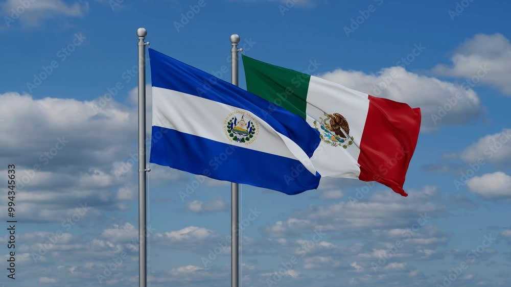 Mexico and Salvador flags flying together, video concept of the relationship, two country relations concept Mexico and Salvador flags flying together, video concept of the relationship, two country relations concept