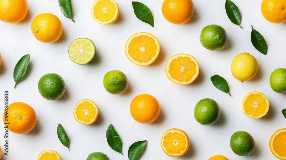 Vibrant assortment of whole and sliced lemons, limes, and oranges creating a fresh pattern against a clean white background, perfect for healthy eating concepts Vibrant assortment of whole and sliced lemons, limes, and oranges creating a fresh pattern against a clean white background, perfect for healthy eating concepts