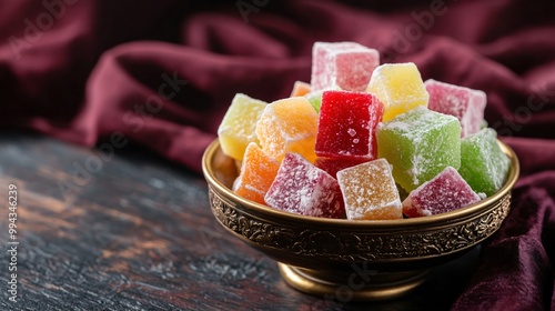 A bowl of colorful Turkish delight cubes in various fruit flavors, placed on a dark wooden table with a deep burgundy fabric background