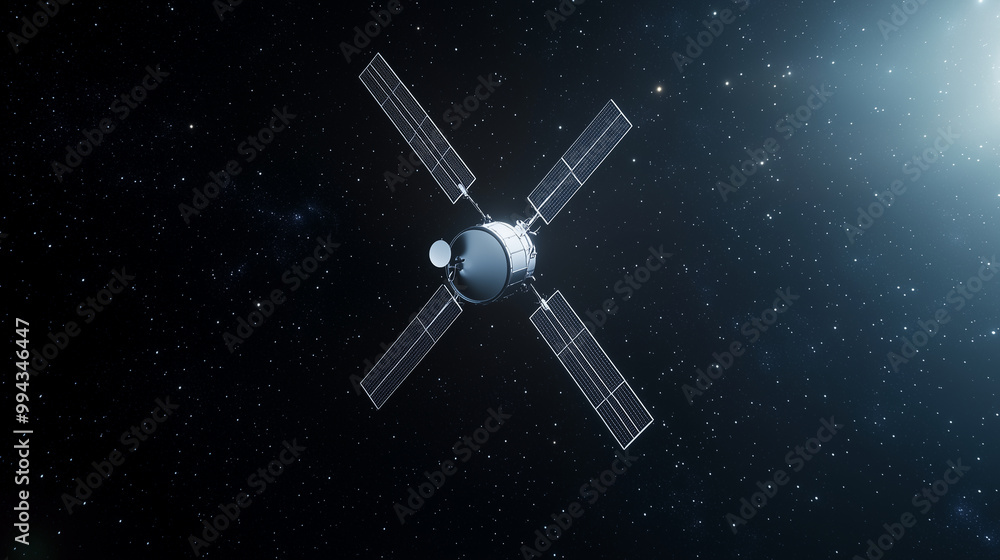 A futuristic 3D satellite in space, shown in a clean, minimal style with smooth lines and glowing edges, capturing the simplicity of advanced technology against a black sky with di A futuristic 3D satellite in space, shown in a clean, minimal style with smooth lines and glowing edges, capturing the simplicity of advanced technology against a black sky with di