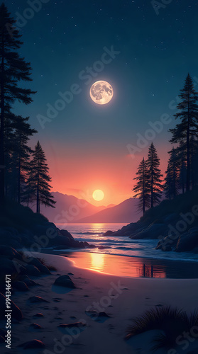 A beautiful sunset over the ocean, with vibrant orange skies reflecting on the water, waves gently lapping at the sandy beach, creating a serene summer evening landscape photo