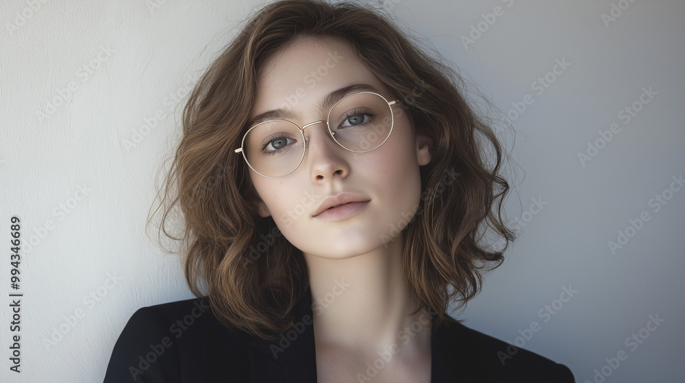 Obraz premium A young woman with wavy brown hair, wearing round glasses. She has a fair complexion and is gazing directly at the camera. She is dressed in a black blazer, and the background is a plain white wall.
