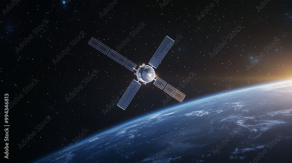 A futuristic 3D satellite in space, shown in a clean, minimal style with smooth lines and glowing edges, capturing the simplicity of advanced technology against a black sky with di A futuristic 3D satellite in space, shown in a clean, minimal style with smooth lines and glowing edges, capturing the simplicity of advanced technology against a black sky with di