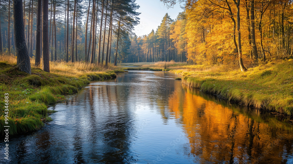 Obraz premium A tranquil river winding through a forest in autumn, with vibrant trees reflected on the surface, Background, Autumn mood