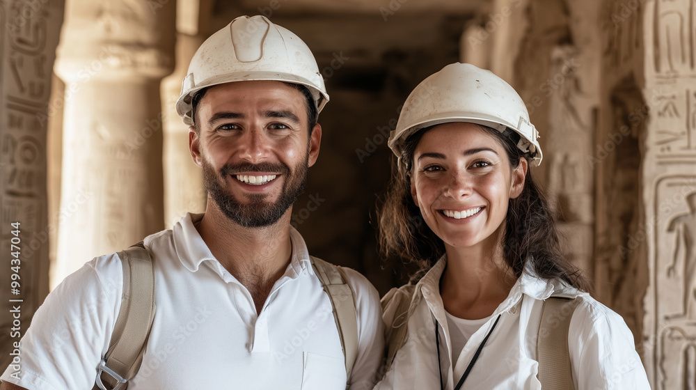Two archaeologists, one male and one female, smiling confidently at the camera while standing inside a grand Egyptian tomb, with ancient stone pillars and faded hieroglyphs surroun Two archaeologists, one male and one female, smiling confidently at the camera while standing inside a grand Egyptian tomb, with ancient stone pillars and faded hieroglyphs surroun
