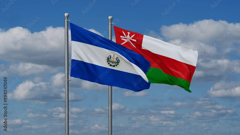 Oman and Salvador flags flying together, video concept of the relationship, two country cooperation concept Oman and Salvador flags flying together, video concept of the relationship, two country cooperation concept