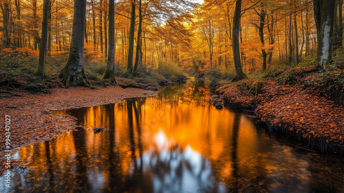 A tranquil river winding through a forest in autumn, with vibrant trees reflected on the surface, Background, Autumn mood