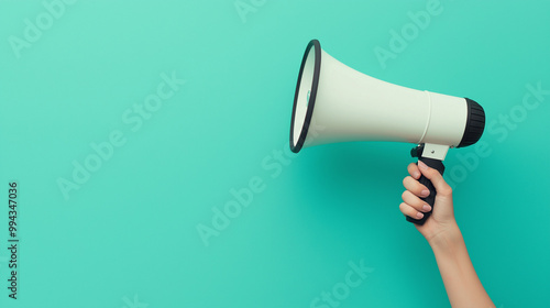 A hand holding a megaphone against a light teal background. The megaphone is predominantly white with a black rim and a black handle. The hand appears to be female, judging by the visible nails