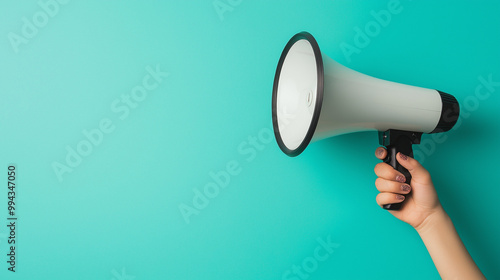 A hand holding a megaphone against a light teal background. The megaphone is predominantly white with a black rim and a black handle. The hand appears to be female, judging by the visible nails