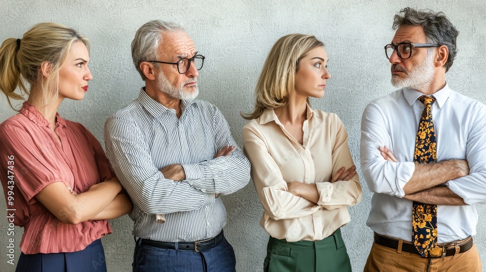 Obraz premium Workplace buzz: business people reacting with gossip, subtle exchanges spread quickly among colleagues, influencing opinions, and shaping the corporate atmosphere in unseen ways