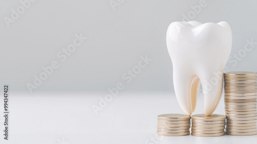 A clean composition featuring a realistic tooth model positioned next to a stack of coins, set against a white background with ample copy space, symbolizing dental care costs and i