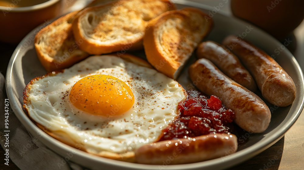 A gourmet breakfast plate with two fried eggs, three sausages, and toast with raspberry jam, alongside rustic hammered bread, set on a dining table with orange juice, a napkin, and a flower. A gourmet breakfast plate with two fried eggs, three sausages, and toast with raspberry jam, alongside rustic hammered bread, set on a dining table with orange juice, a napkin, and a flower.