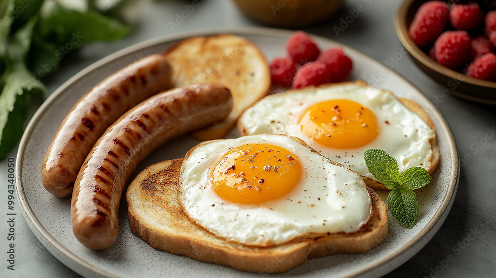 A gourmet breakfast plate with two fried eggs, three sausages, and toast with raspberry jam, alongside rustic hammered bread, set on a dining table with orange juice, a napkin, and a flower. A gourmet breakfast plate with two fried eggs, three sausages, and toast with raspberry jam, alongside rustic hammered bread, set on a dining table with orange juice, a napkin, and a flower.