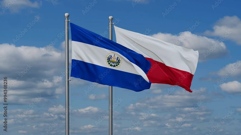 Poland and Salvador flags flying together, video concept of the relationship, two country cooperation concept Poland and Salvador flags flying together, video concept of the relationship, two country cooperation concept