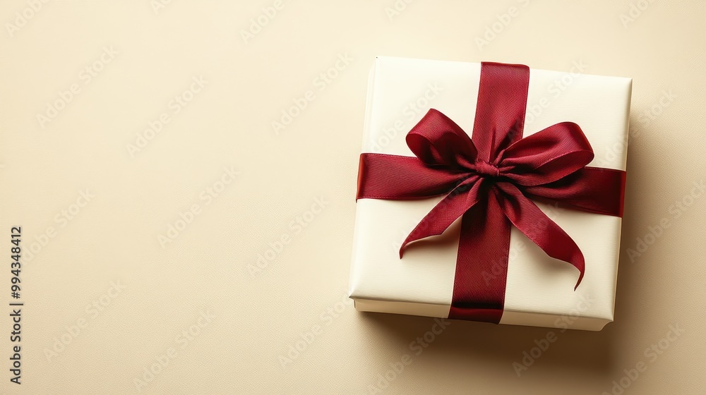 Elegant gift box adorned with a rich burgundy ribbon, perfect for celebrations, holidays, or special occasions, background with copy space Elegant gift box adorned with a rich burgundy ribbon, perfect for celebrations, holidays, or special occasions, background with copy space