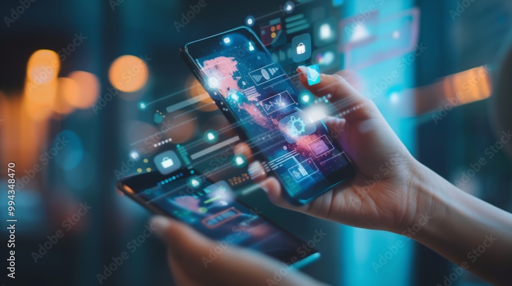 A person is using a cell phone with a blue screen that has a lot of icons A person is using a cell phone with a blue screen that has a lot of icons