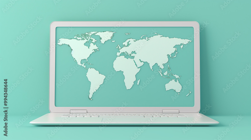 White abstact world map on laptop screen with light green backdrop. Сoncept of globalization in technology, science, economics, topics of technology and Internet White abstact world map on laptop screen with light green backdrop. Сoncept of globalization in technology, science, economics, topics of technology and Internet