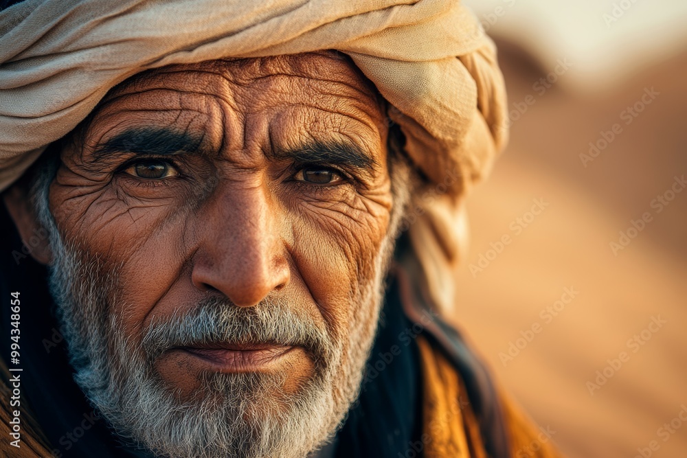 An Arabic nomad wearing a turban in a desert landscape with a camel during sunset An Arabic nomad wearing a turban in a desert landscape with a camel during sunset