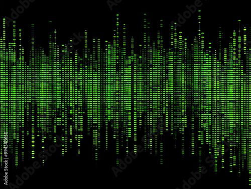 Abstract technological background with vertical rows of small particles and infinity symbols on black background