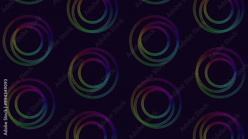 An abstract circular pattern composed of overlapping colored circles arranged in a spiral, featuring shades of purple, blue, and green on a black background An abstract circular pattern composed of overlapping colored circles arranged in a spiral, featuring shades of purple, blue, and green on a black background