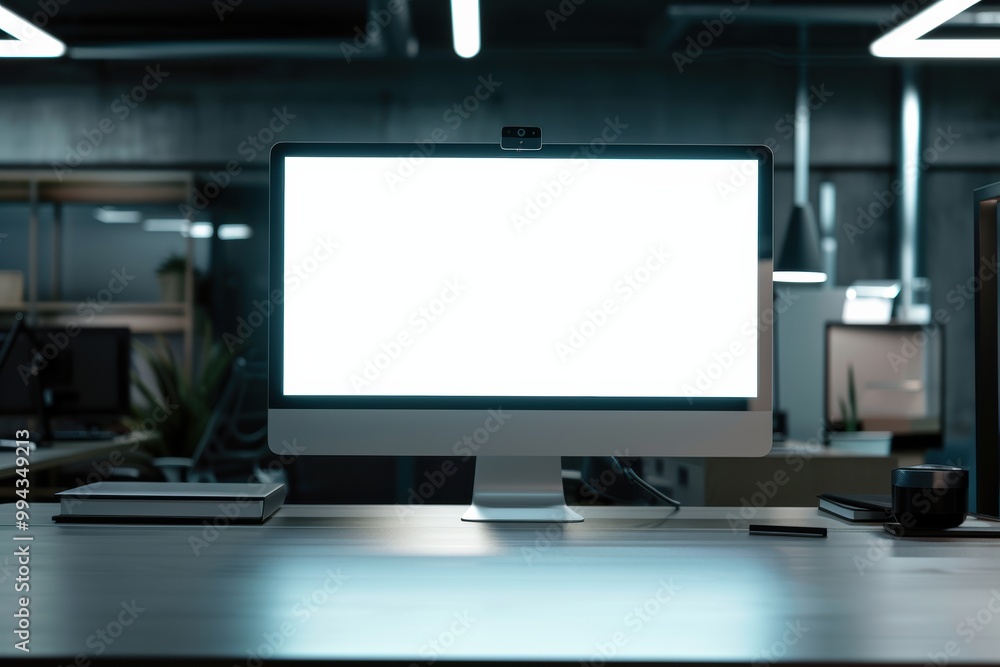 White monitor in a futuristic office environment, empty screen for creative design purposes White monitor in a futuristic office environment, empty screen for creative design purposes