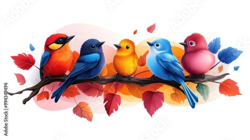 Colorful Birds on a Branch in a Clean Background