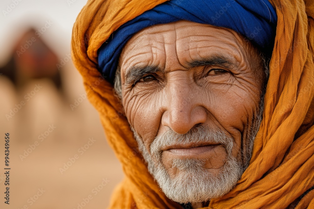 Portrait of an elderly Arabic nomad in a turban against a desert background with a camel in the distance Portrait of an elderly Arabic nomad in a turban against a desert background with a camel in the distance