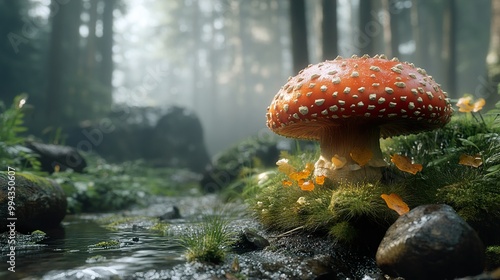 Enchanted Forest Mushroom: A Whimsical Streamside Scene photo