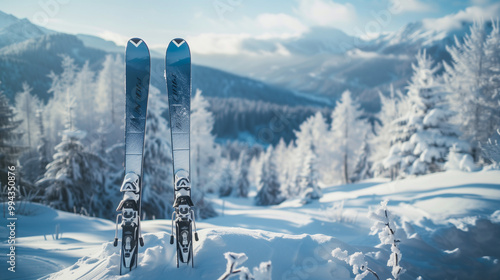 Skis standing in the snow amidst a serene snowy forest, inviting you to explore the winter landscape. Perfect for winter sports, skiing trips, and outdoor adventure themes.
 photo