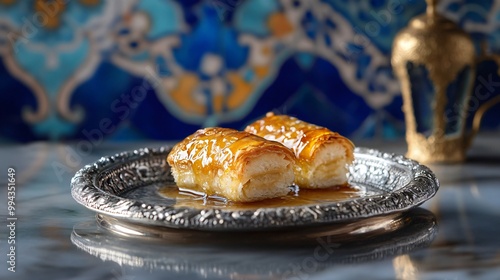 A slice of creamy kazandibi with a sprinkle of cinnamon, set against a warm, rustic kitchen background with a teapot and ornate Turkish tiles photo